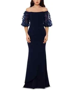 XSCAPE Petite Off Shoulder Balloon-Sleeve Mermaid Gown Women's 10P Navy Back Zip - Picture 1 of 16
