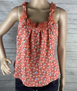 Mine Tank Top Small Pink White Floral Print Ruffled Straps Cottagecore Rayon - Picture 1 of 12
