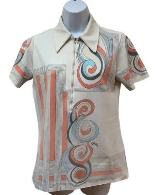 Винтажный Jane Colby 70-х ретро диско 1/4 молнии рубашка женщин верхний размер S точка воротник - Изображение 1 из 4