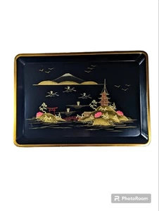 Vintage Chinoiserie Japanese Wood Black Lacquer Serving Tray Hand Painted Tole - Picture 1 of 7