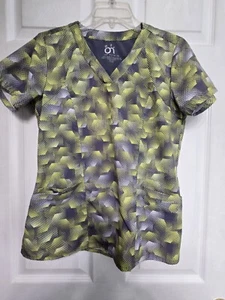 BARCO ONE Scrub Top Size S-Grey/Yellow V-Neck-Chest 19.5"/L 26" - Picture 1 of 4