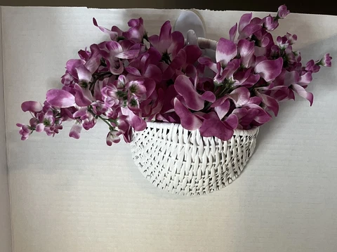 White Hanging Pocket Basket with Flowers. Can Change Items Out In Basket Cover
