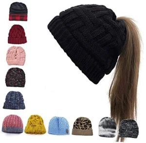 Womens Ponytail Beanie Hat with Button for Mask,Criss One Size Classic-black - Picture 1 of 6