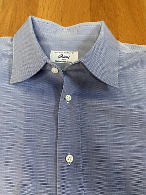 Brioni Blue  Stair Weave Cotton Dress  Shirt Cotton Mens L 16 1/2 Made In Italy - Image 1 of 4