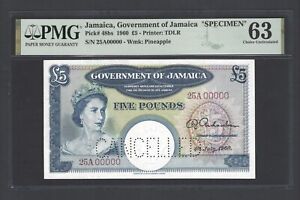 Jamaica 5 Pounds 4-7-1960 P48bs "Specimen" Uncirculated Grade 63