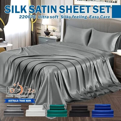 2000TC Cooling Silk Satin Flat Fitted Sheet Bed Set S/Double Queen Super King - image 1 of 4