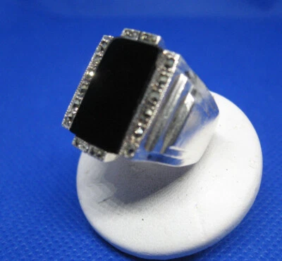 ANELLO UOMO A FASCIONE IN ARGENTO 925 CON MARCASITI E ONICE ORIGINALE VINTAGE - Immagine 1 di 4