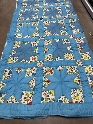 vintage antique handmade quilt blue floral star cotton primitive rustic As Is - Image 1 of 4