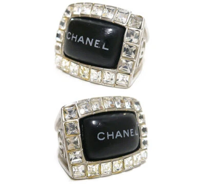 Chanel 00A Rhinestone Logo Ring Size 6.25 Coco Mark Black x Silver Ring - Image 1 of 4
