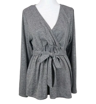 Sonoma Maternity Top Size Medium Grey Belted Tie Long Sleeve Surplice Career - Image 1 of 4