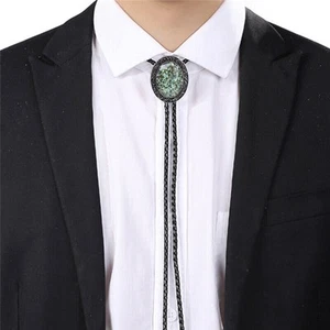 Hobit Opal Stone Mens Bolo Tie Wedding Necklace PU Leather Rope Western Cowboy - Picture 1 of 10
