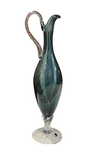 Vintage Empoli MCM Blue Gray Glass Pedestal Pitcher Clear Twist Base Handle - Picture 1 of 6
