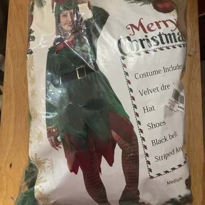 Adults Elf Christmas Costume Deluxe Xmas Santa Helper Outfits Santa Velvet Sets  - Image 1 of 4