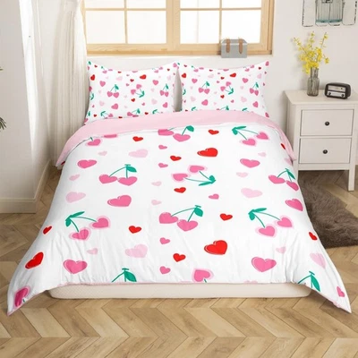 Girls Cherry Decoration Girly Comforter Cover Queen Size Adults Cute Heart Pi... - Image 1 of 4