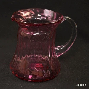 Cranberry Pitcher Hand Blown Applied Clear Handle Smooth Pontil 5 3/4" Ribbed - Picture 1 of 12