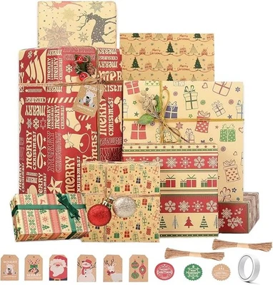 WUBAYI Christmas Wrapping Paper, 12 Pack Recyclable Kraft Paper 70x50CM