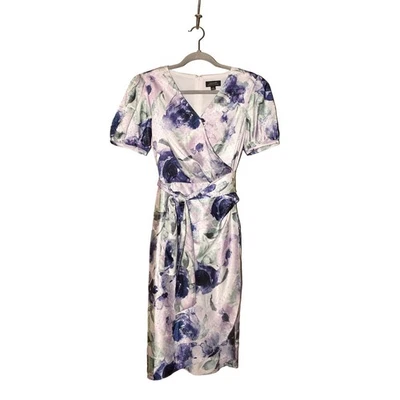 TAHARI ASL $128 Floral Print Puff Sleeve Faux Wrap Tie Waist Midi Dress Size 6 - Image 1 of 4