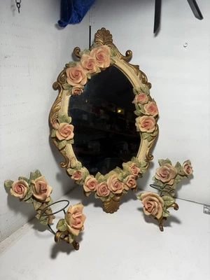 French Country Roses Oval Mirror candle sconce Set – Vtg Shabby Chic 🌹✨ - Image 1 of 4