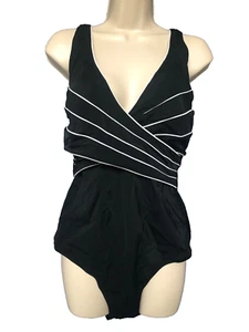 Jaclyn Smith Größe 16 schwarz weiß Trim Cross Over Einteiler Badeanzug Damen - Bild 1 von 8