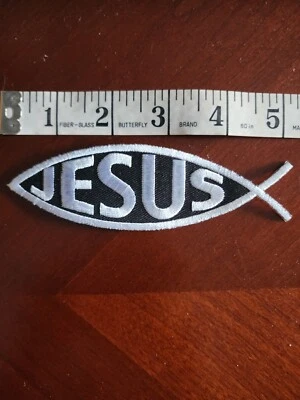 JESUS FISH SHAPE  Iron On Patch Jesus Religious Christian - Image 1 of 2