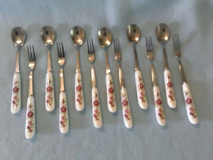 12 PCS SPOONS / CAKE FORKS ceramic handle Pink /White UK - Picture 1 of 2