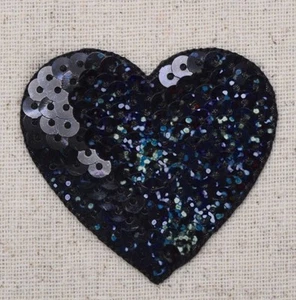 Black 2" Sequin Heart, Valentine, Iron on Patch - Picture 1 of 1