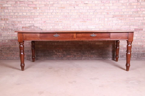 Antique French Provincial Elm Wood Harvest Farm Table With Drawers, Circa 1900 Cover