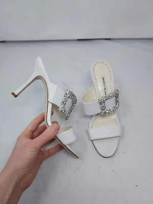 MANOLO BLAHNIK Blanco Nupcial A dos aguas Cristal Hebilla Sandalia Tacón EU 38.5 US 8.5  Foto 1 de 4