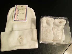 White Cross Baby Cap and Booties, Newborn, NWT - Picture 1 of 3