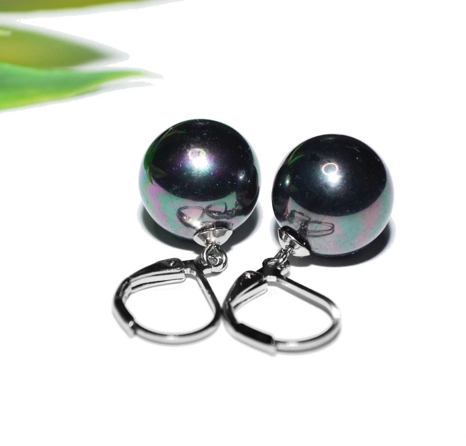 PERLENOHRRINGE +++ 12mm Muschelkernperle black Brisur Ohrhänger silber EDELSTAHL - Bild 1 von 1