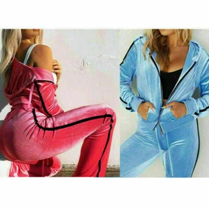 Women 2pcs Casual Velvet Tracksuit Sweatshirt Zip Up Hoodies Suit Top Pants - Picture 1 of 11