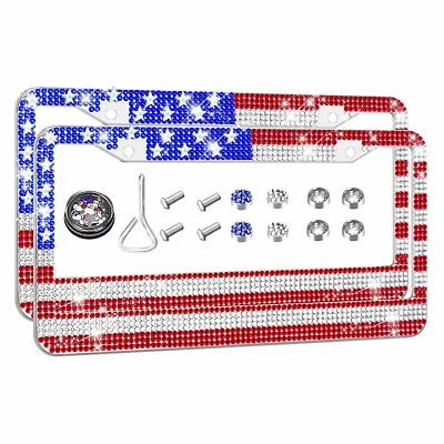 2 USA America FLAG Patriotic CRYSTAL License Plate Frame Cap Made with Swarovski - Image 1 of 4