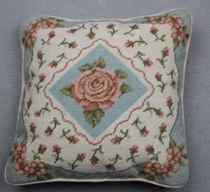 Needlepoint Morning Rose Flowers Pillow Completed Ivory Velvet Back Wreath - Picture 1 of 3