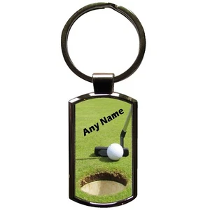 PERSONALISED GOLF PUTTER PRINT OBLONG SHAPED METAL KEYRING WITH PRINTABLE INSERT - Foto 1 di 3