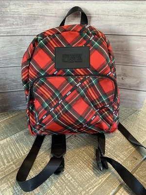 Victoria's Secret Rosa Rojo Verde Negro Cuadros Pequeña Cartera Tamaño Mochila 10”x 8” Foto 1 de 4