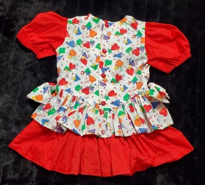 Vtg Girls Party Dress Possibly Size 5 Handmade Red Vibrant Hearts Stars Tiered  - Image 1 of 4