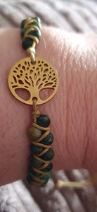 Boho Green Natural Stone Bracelet, Tree of Life Charm. African Jasper - Picture 1 of 5