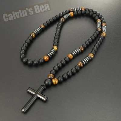 Black Obsidian Tiger Eye Black Alloy Cross Pendant Necklace Men Women Gift - Image 1 of 4