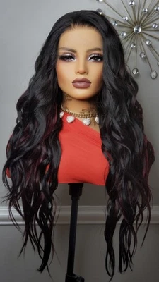 New Long Wavy 13x6 Free-Part Lace Frontal Wig Black Highlights Burgundy Red Wine - Image 1 of 4