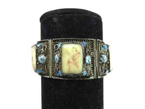 Bracciale Vintage Cinese Argento Sterling Filigrana e Smalto 7" Lungo x 1" Largo - Foto 1 di 6