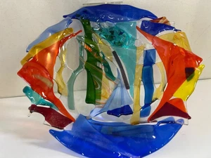 Studio Art Abstract Fused Glass Decorative Bowl • Vibrant Multicolor Geometric D - Picture 1 of 7