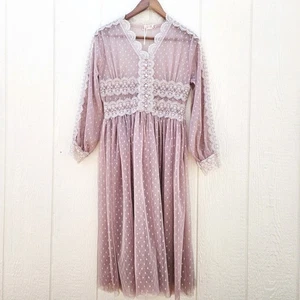 Midi Dress M Pink Sheer Tulle Lace Fairy Couquette Cottagecore Flowy Prairie - Picture 1 of 9