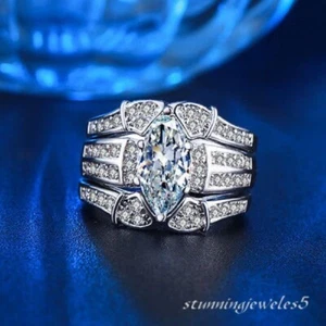 3.54CT Marquise Lab-Created Diamond Trio Set Engagement Ring 14K White Gold Over - Picture 1 of 8