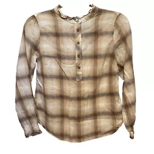 Talbots Petite Medium Plaid Long Sleeve Ruffle Collar Blouse Browns/Tans EUC - Picture 1 of 5