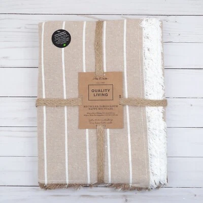 Park B Smith Fabric Tablecloth 60x84 Recycled Fibers Stripe Tan White Fringe - Image 1 of 2