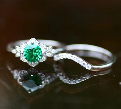 Lab Made Emerald Engagement Ring Wedding Set Sterling Silver 925 May Birthstone - Image 1 of 4