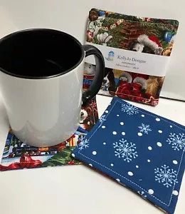 Set Of 4 Coasters Handmade reversible Christmas Dogs Pups Blue and Red Snow NEW - Picture 1 of 3