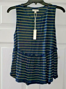 $68 NWT Max Studio Womens Blue Yellow Striped Babydoll Peplum Top Size S Small - Picture 1 of 4
