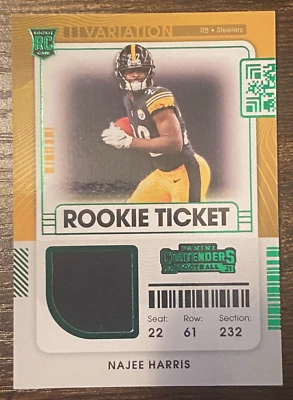 Najee Harris 2021 Contender Rookie Ticket RC Variation Green Swatch Memorabilia - Image 1 of 2