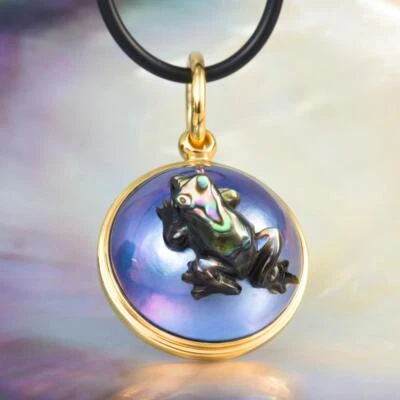 Anhänger Mabe Perle, Paua Abalone-Muschel Frosch & Gold Vermeil - Bild 1 von 4